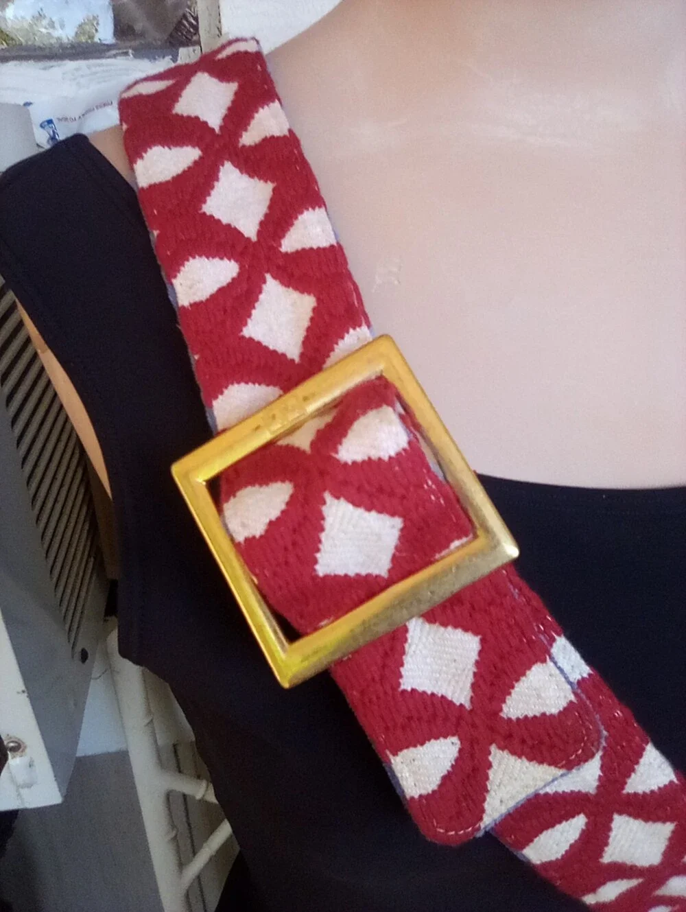 Bone & Yard Vintage Reversible Red & White Geometric Fabric Belt W/ Blue Accent